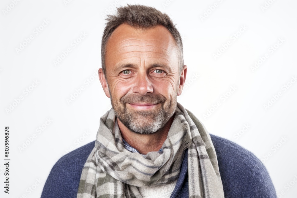 Portrait of smiling man wearing scarf over white background. Looking at camera Portrait of smiling man wearing scarf over white background. Looking at camera