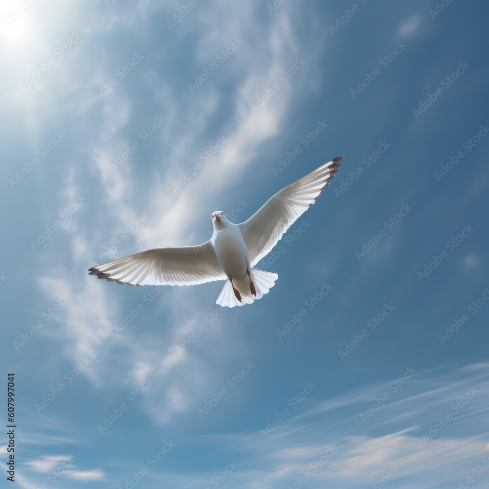 Fototapeta premium seagull fly against the blue sky with clouds. Sea bird gracefully fly in the air. Generative AI