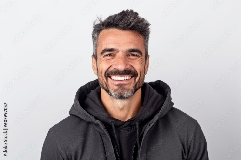Portrait of handsome young man in black hoodie smiling and looking at camera while standing against white background Portrait of handsome young man in black hoodie smiling and looking at camera while standing against white background