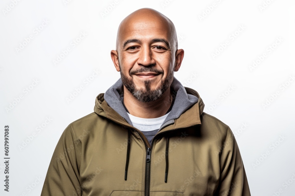 Portrait of a happy bald man in a green jacket on a white background Portrait of a happy bald man in a green jacket on a white background