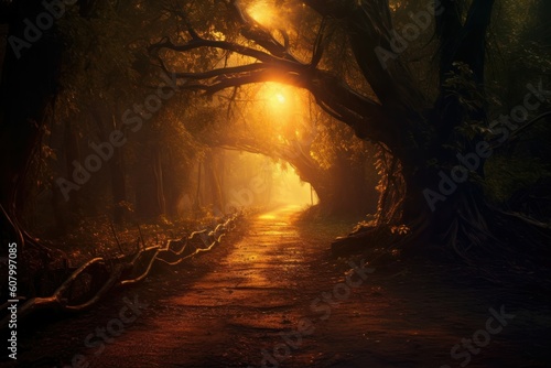 Mystical path beckons with ethereal glow. Generative AI