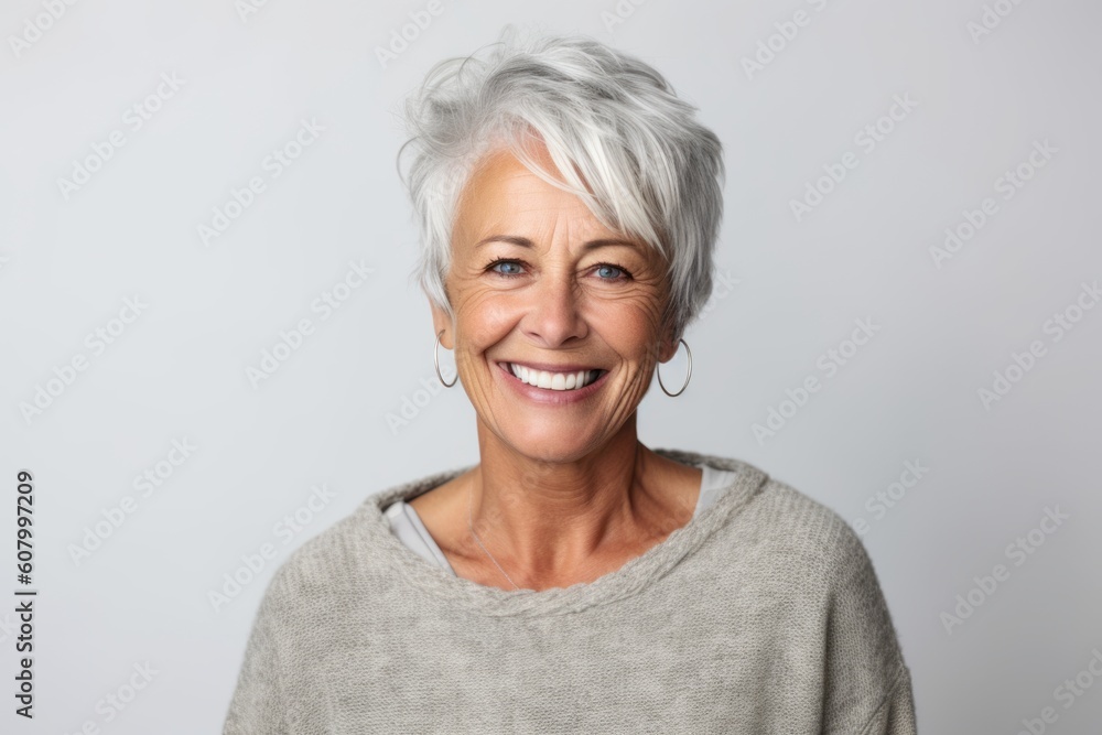 Portrait of a happy senior woman smiling at the camera over grey background Portrait of a happy senior woman smiling at the camera over grey background