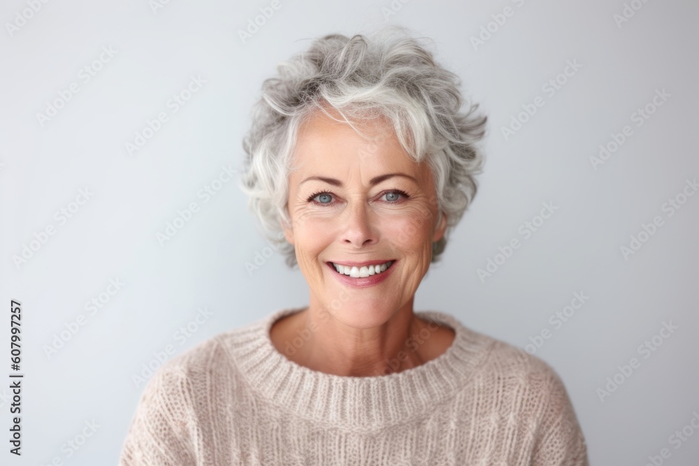Portrait of a beautiful senior woman smiling at the camera on gray background