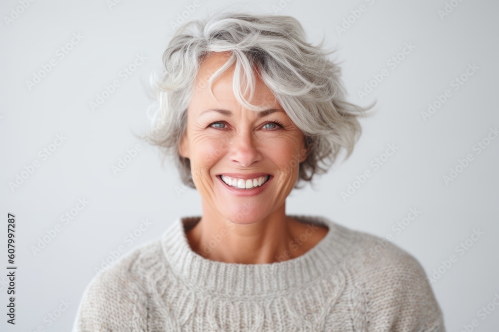 Close up portrait of a happy senior woman smiling at camera over white background Close up portrait of a happy senior woman smiling at camera over white background