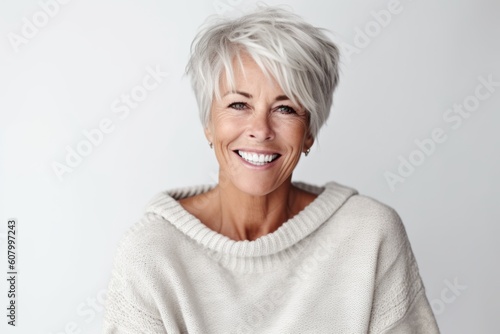 Portrait of a happy senior woman smiling at camera over white background