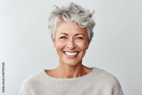 Portrait of a happy mature woman smiling at the camera over white background