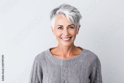 Portrait of happy senior woman smiling at camera over white background.