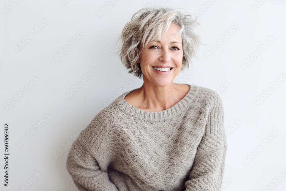 Portrait of beautiful middle aged woman with short hair smiling at camera Portrait of beautiful middle aged woman with short hair smiling at camera