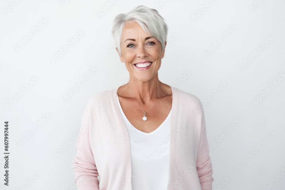 Portrait of beautiful senior woman smiling at camera over white background. Portrait of beautiful senior woman smiling at camera over white background.