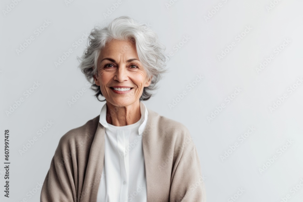 Portrait of smiling senior woman looking at camera isolated on grey background