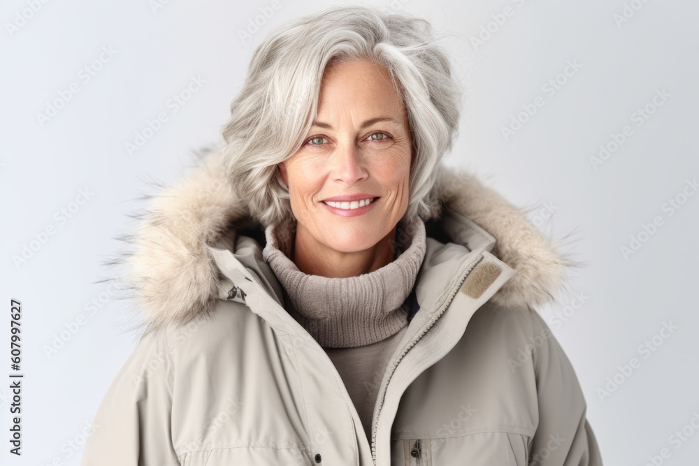 Portrait of beautiful senior woman in winter jacket on white background. Portrait of beautiful senior woman in winter jacket on white background.