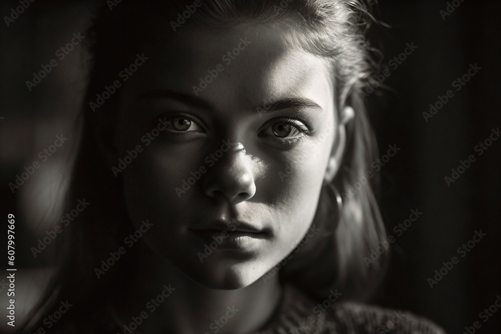 black and white illustration of a girl created with Generative AI technology