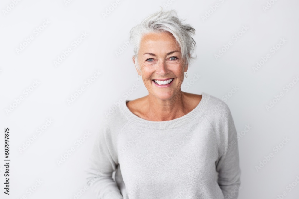 Portrait of a happy senior woman smiling at camera over white background Portrait of a happy senior woman smiling at camera over white background