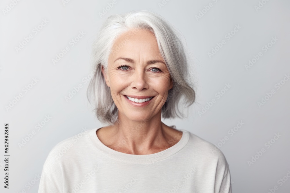 Portrait of smiling senior woman looking at camera isolated on grey background Portrait of smiling senior woman looking at camera isolated on grey background