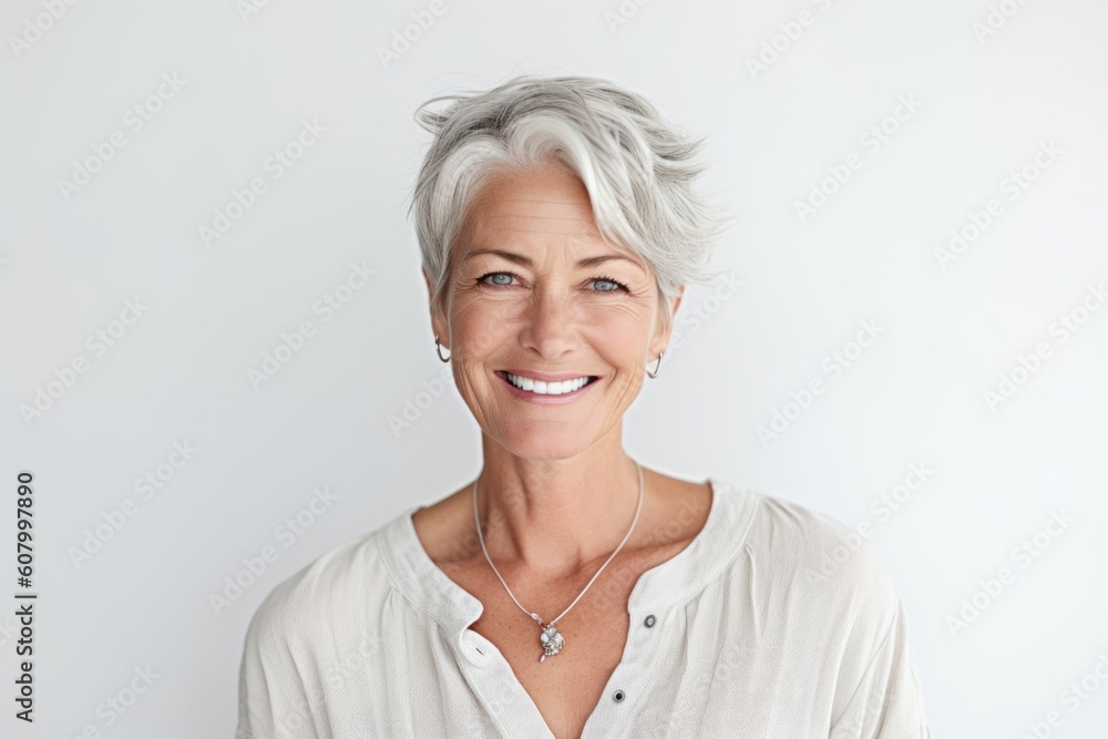 Portrait of smiling middle-aged woman with short grey hair against white background Portrait of smiling middle-aged woman with short grey hair against white background