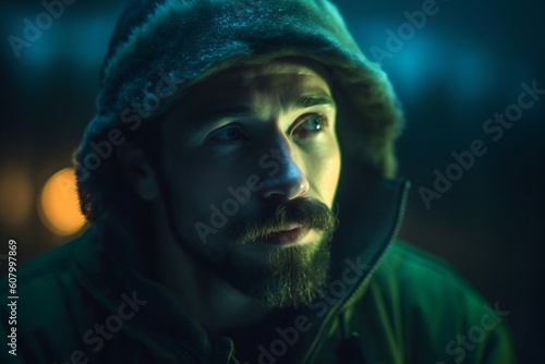 young man with beard wears a hooded jacket created with Generative AI technology