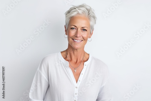 Portrait of smiling mature woman looking at camera over white background.