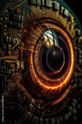microchip in the pupil of the eye  artificial intelligence  electronic eye concept  global surveillance technologies  security of computer systems and networks. Generative AI