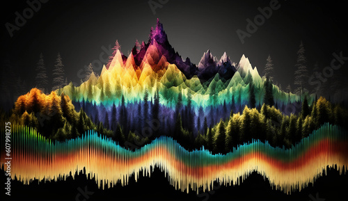 Colorful Sound Wave Compression and Rarefaction Superimposed Over a Mountain Landscape Generative AI