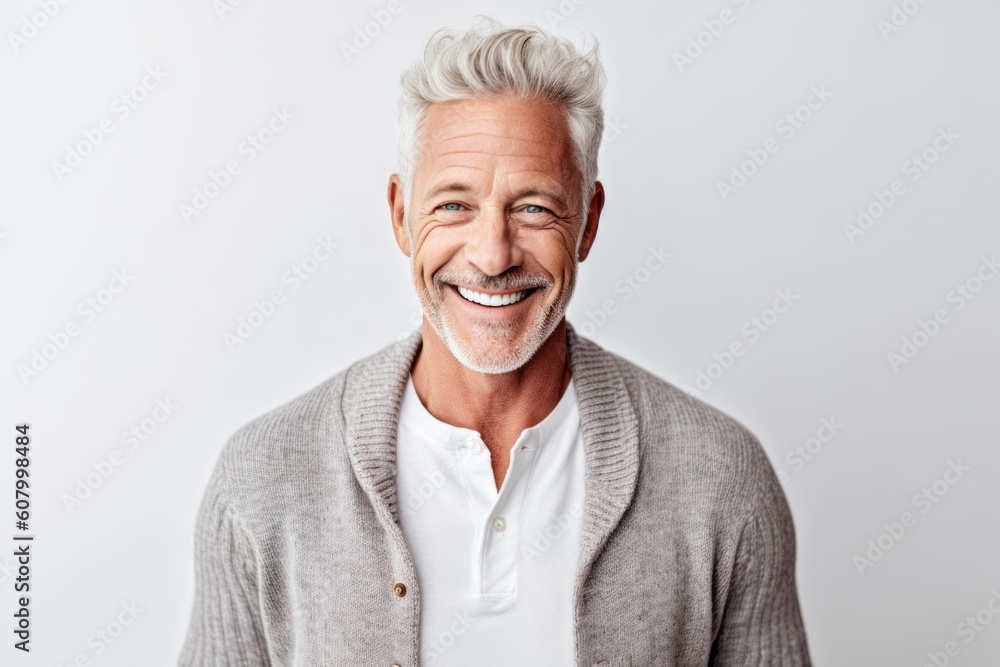 Portrait of handsome senior man smiling at camera while standing against white background Portrait of handsome senior man smiling at camera while standing against white background