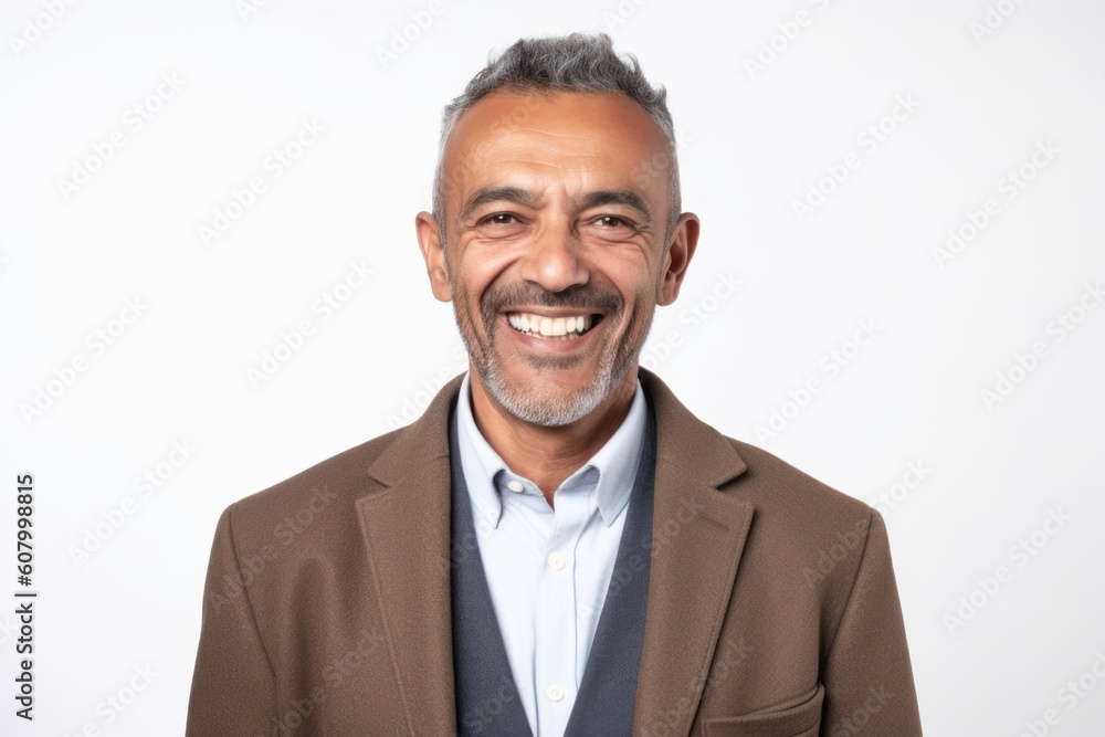 Portrait of happy mature Indian man smiling at camera over white background Portrait of happy mature Indian man smiling at camera over white background