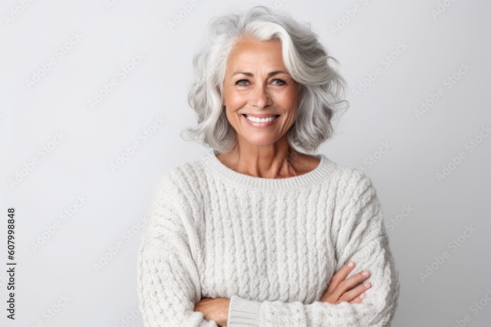 Portrait of a smiling senior woman standing with arms crossed isolated over white background Portrait of a smiling senior woman standing with arms crossed isolated over white background