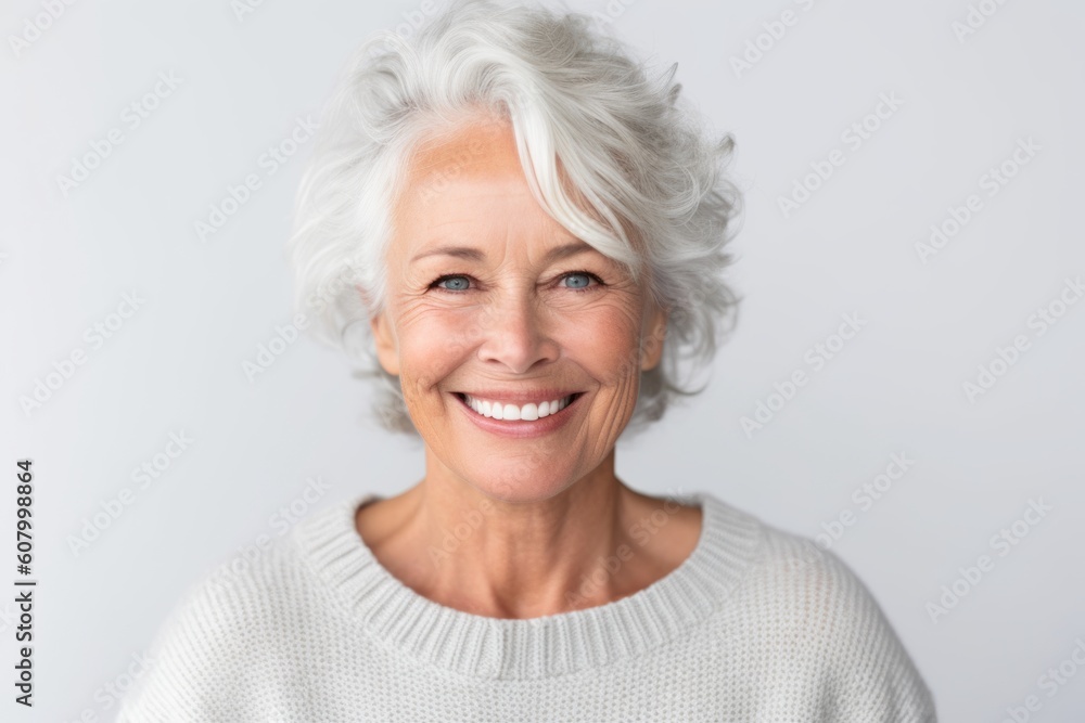 Portrait of a happy senior woman smiling at camera over white background Portrait of a happy senior woman smiling at camera over white background
