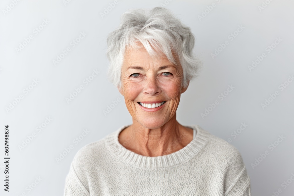Portrait of a happy senior woman smiling at camera over white background Portrait of a happy senior woman smiling at camera over white background