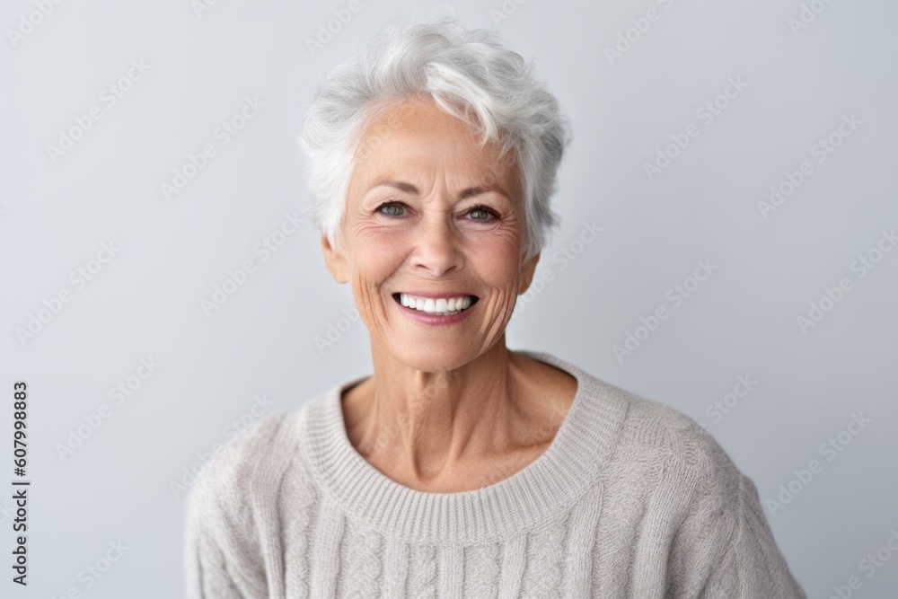 Portrait of happy senior woman looking at camera and smiling while standing against grey background Portrait of happy senior woman looking at camera and smiling while standing against grey background