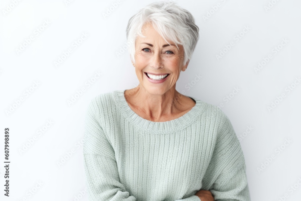 Portrait of happy senior woman standing with arms crossed against white background Portrait of happy senior woman standing with arms crossed against white background