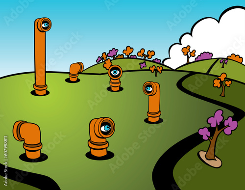 Cartoon of periscopes popping out of the ground spying on the area.