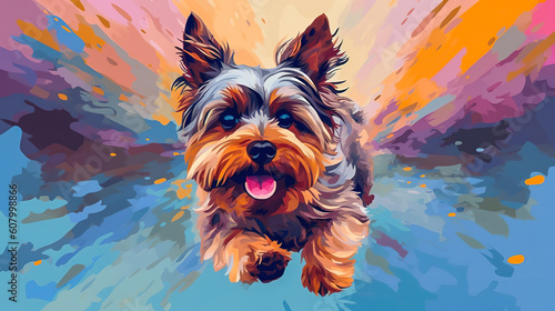 Yorkshire terrier dog running illustration vector in abstract mixed grunge colors digital painting in minimal graphic art style. Very cute small dog. Digital illustration generative AI. photo