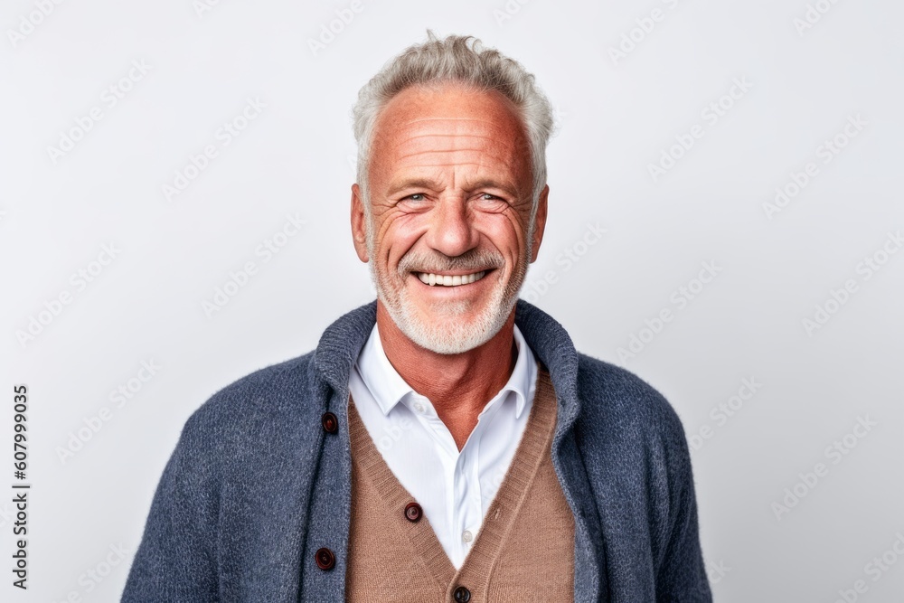 Portrait of happy senior man smiling and looking at camera while standing against white background Portrait of happy senior man smiling and looking at camera while standing against white background