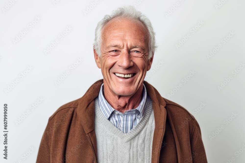 Portrait of happy senior man laughing and looking at camera against white background Portrait of happy senior man laughing and looking at camera against white background