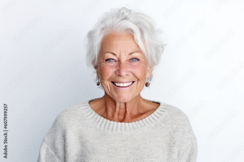Portrait of a happy senior woman smiling at the camera against white background Portrait of a happy senior woman smiling at the camera against white background