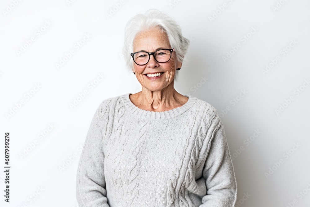 Portrait of a smiling senior woman in eyeglasses standing against white background Portrait of a smiling senior woman in eyeglasses standing against white background
