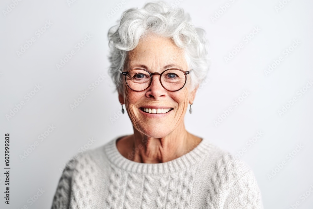 Group portrait photography of a satisfied woman in her 70s that is wearing a cozy sweater against a white background . Generative AI Group portrait photography of a satisfied woman in her 70s that is wearing a cozy sweater against a white background . Generative AI