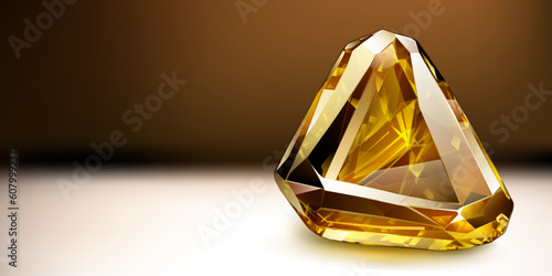 A big precious yellow crystal like a topaz with highlights and shadow on a color background. Faceted gemstone