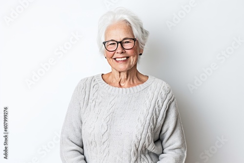 Portrait of a smiling senior woman in eyeglasses standing against white background