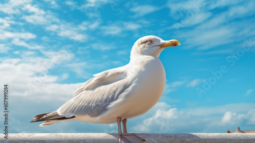 Portrait of a seagull on the seashore. Close view of a white seagull bird sitting on the beach. Wild seagull with natural blue background. Generative AI 