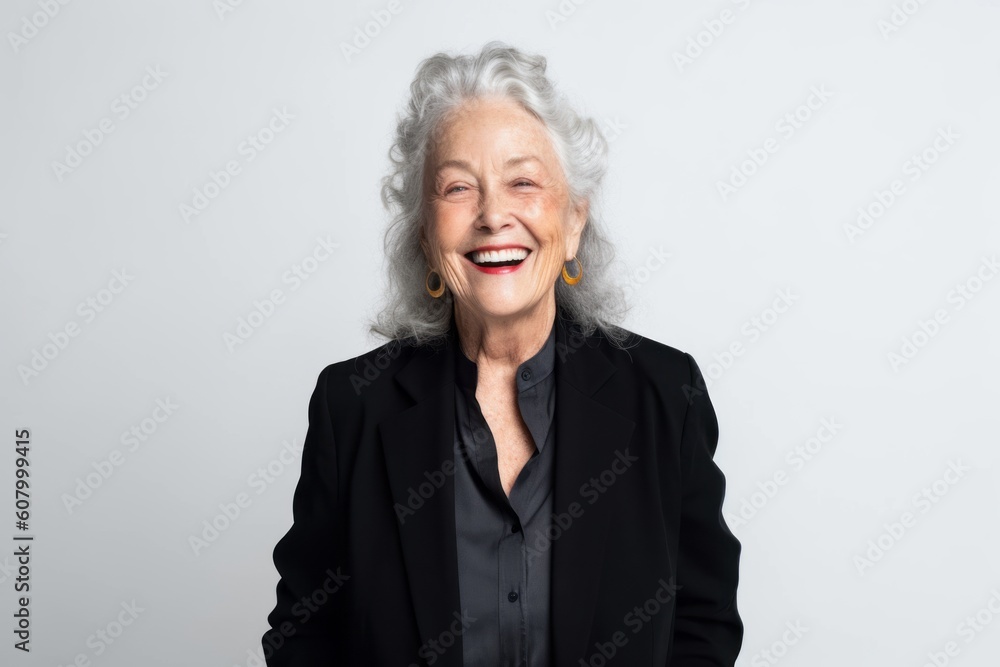 Portrait of smiling senior woman in black suit on white background. Portrait of smiling senior woman in black suit on white background.