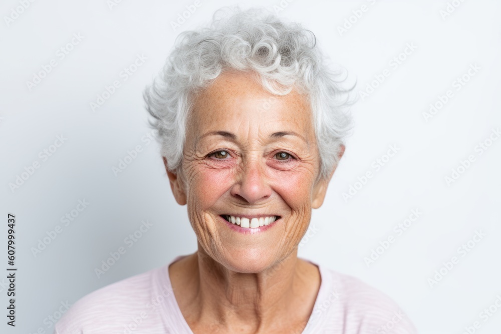 Portrait of happy senior woman smiling at camera on white background.