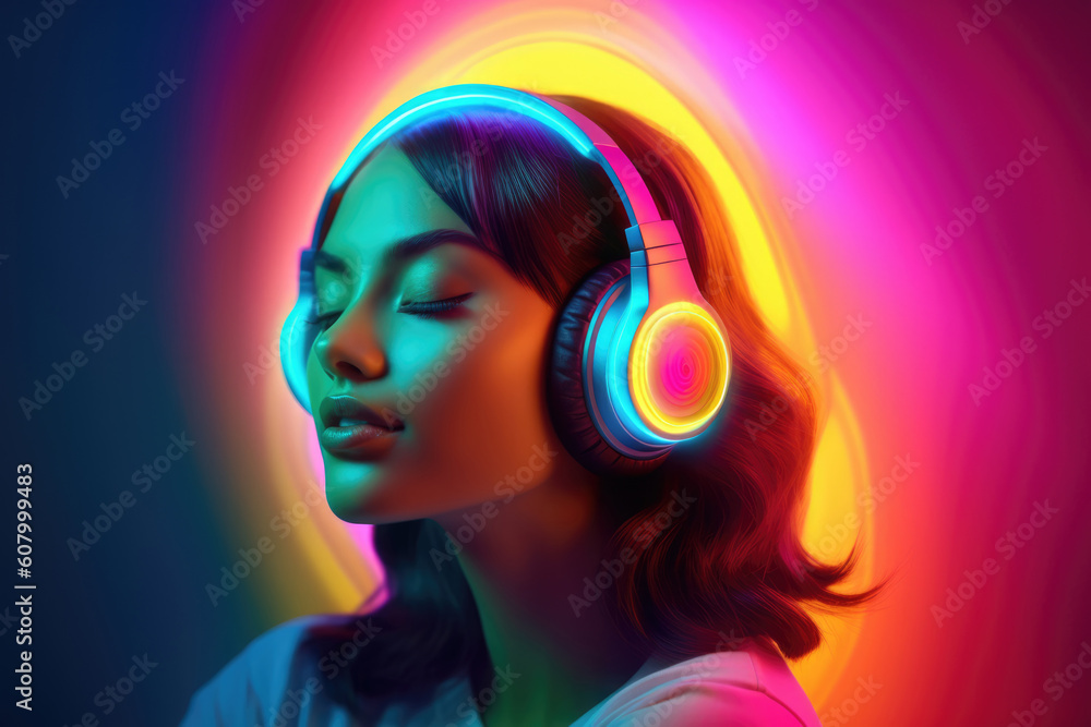 Beautiful smiling girl wearing neon headphones Beautiful smiling girl wearing neon headphones