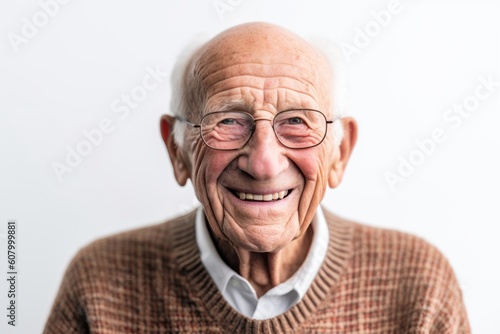 Lifestyle portrait photography of a grinning man in his 90s that is wearing a cozy sweater against a white background . Generative AI