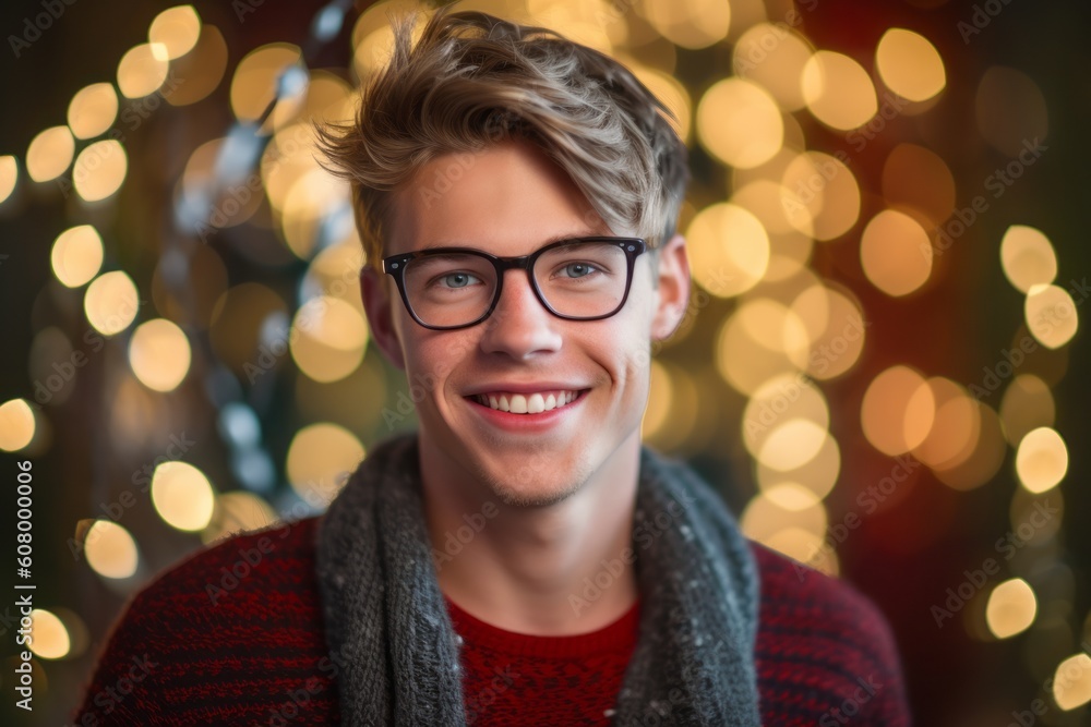 Portrait of a handsome young man with glasses on the background of a Christmas tree Portrait of a handsome young man with glasses on the background of a Christmas tree