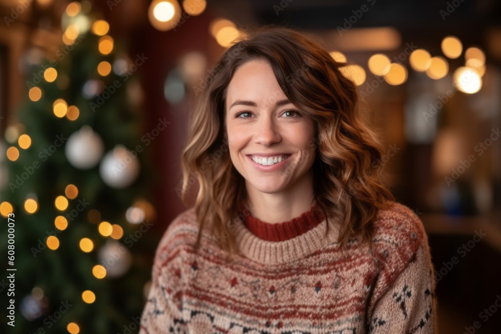 Portrait of beautiful young woman in sweater at christmas decorated room