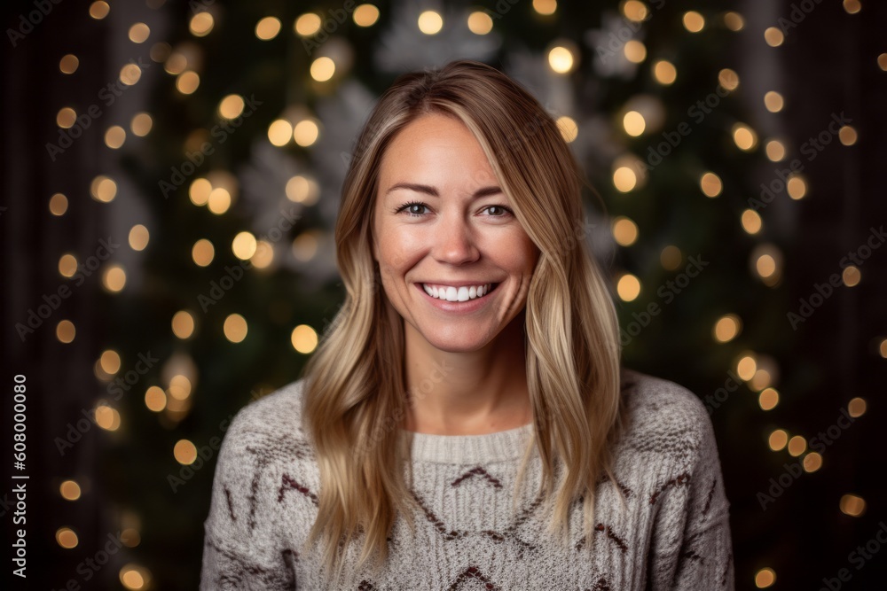 Portrait of a happy young woman with christmas tree in the background Portrait of a happy young woman with christmas tree in the background