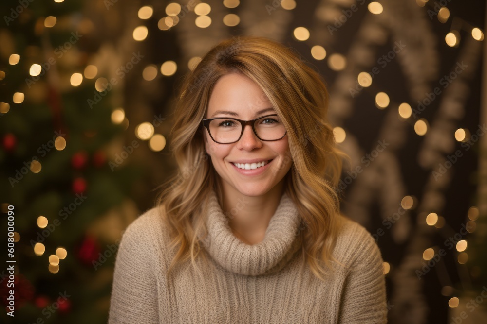 Portrait of a beautiful young woman in glasses against the background of a Christmas tree. Portrait of a beautiful young woman in glasses against the background of a Christmas tree.