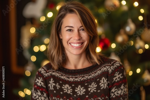 Portrait of a beautiful young woman with Christmas tree in the background