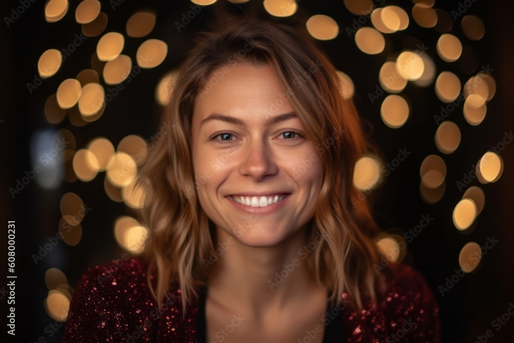 Portrait of a beautiful young woman in a red dress on a background of the Christmas lights Portrait of a beautiful young woman in a red dress on a background of the Christmas lights
